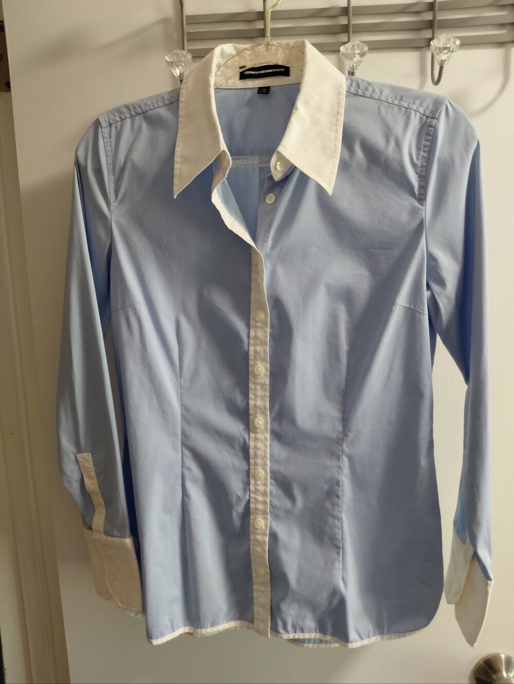 Express Women's Light Blue Button-Down Shirt with White Collar